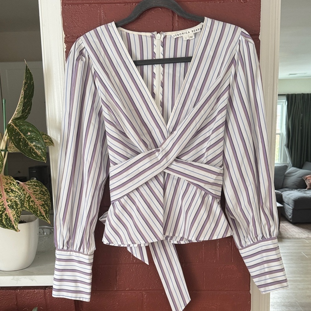 Veronica Beard Seema Wrap Blouse Lavender and White Stripes